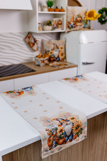 Autumn Gnomes Tapestry Table Runner | Thanksgiving Home Decor, Halloween Pumpkins Table Cover | Fall Harvest Table Decor