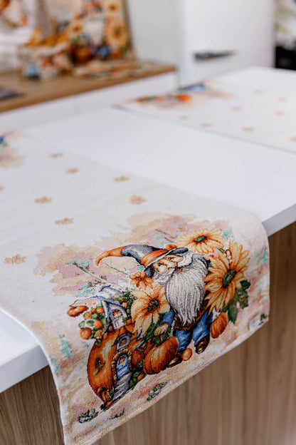Autumn Gnomes Tapestry Table Runner | Thanksgiving Home Decor, Halloween Pumpkins Table Cover | Fall Harvest Table Decor