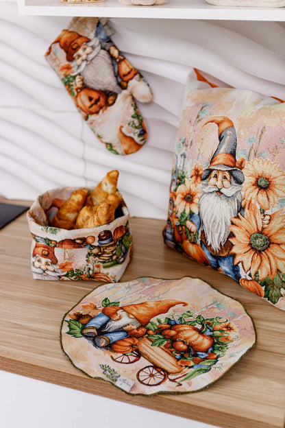 4 Round Autumn Gnomes Tapestry Placemats Set | Thanksgiving Kitchen Decor, Halloween Pumpkins Table Cover | Fall Harvest Table Decor