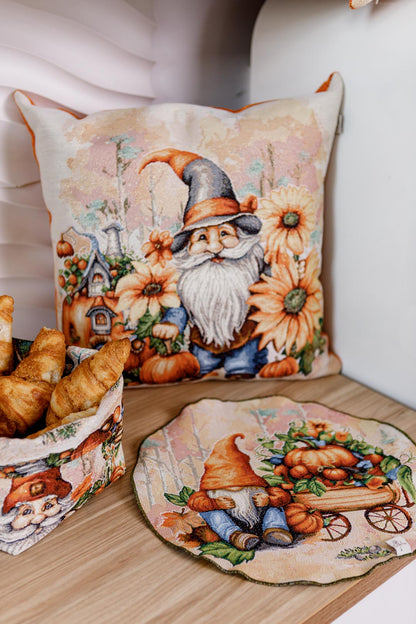 4 Round Autumn Gnomes Tapestry Placemats Set | Thanksgiving Kitchen Decor, Halloween Pumpkins Table Cover | Fall Harvest Table Decor