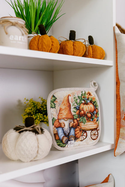 Autumn Gnomes Tapestry Kitchen Apron, Cup Coasters, Oven Mitten, Pot Holder Set | Thanksgiving Decor, Halloween Pumpkins Textile | Fall Harvest Table Decor