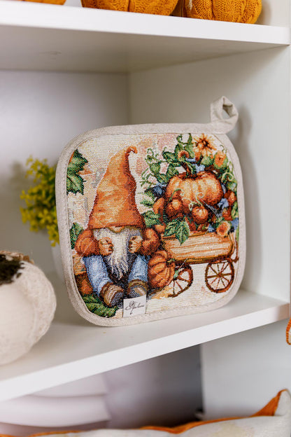 Autumn Gnomes Tapestry Kitchen Apron, Cup Coasters, Oven Mitten, Pot Holder Set | Thanksgiving Decor, Halloween Pumpkins Textile | Fall Harvest Table Decor