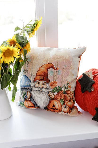 Autumn Gnome Tapestry Pillowcase With Blue Mushroom | Thanksgiving, Halloween Pumpkins Decor | Fall Harvest Textile