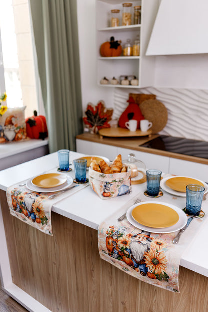 Autumn Gnomes Tapestry Table Runner | Thanksgiving Home Decor, Halloween Pumpkins Table Cover | Fall Harvest Table Decor