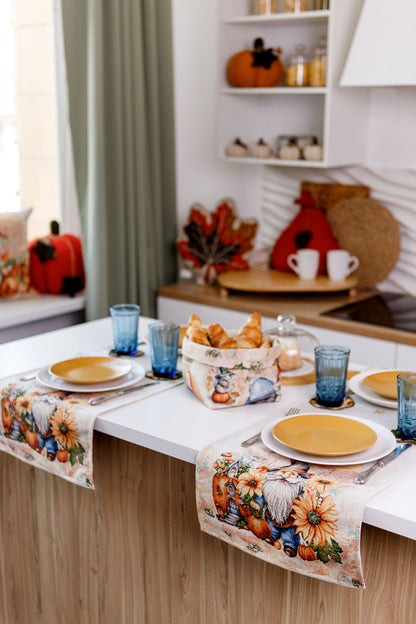 Autumn Gnomes Tapestry Table Runner | Thanksgiving Home Decor, Halloween Pumpkins Table Cover | Fall Harvest Table Decor