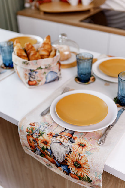 Autumn Gnomes Tapestry Table Runner | Thanksgiving Home Decor, Halloween Pumpkins Table Cover | Fall Harvest Table Decor