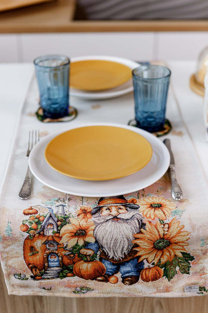 Autumn Gnomes Tapestry Table Runner | Thanksgiving Home Decor, Halloween Pumpkins Table Cover | Fall Harvest Table Decor