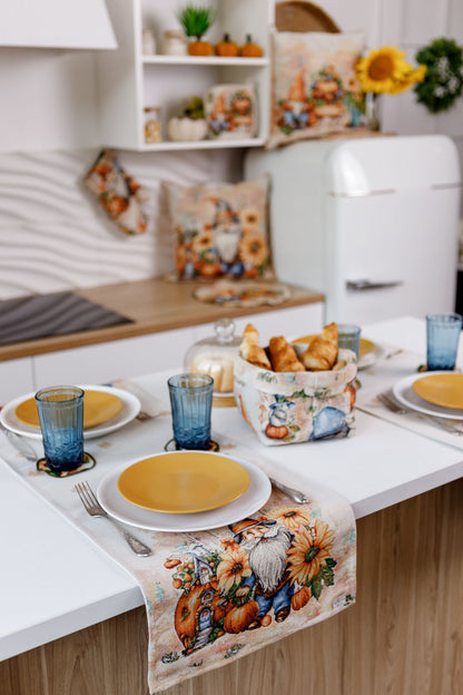 Autumn Gnomes Tapestry Table Runner | Thanksgiving Home Decor, Halloween Pumpkins Table Cover | Fall Harvest Table Decor