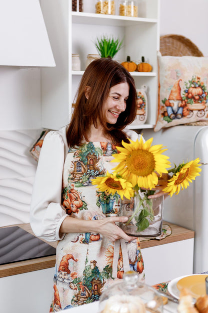 Autumn Gnomes Tapestry Kitchen Apron, Cup Coasters, Oven Mitten, Pot Holder Set | Thanksgiving Decor, Halloween Pumpkins Textile | Fall Harvest Table Decor