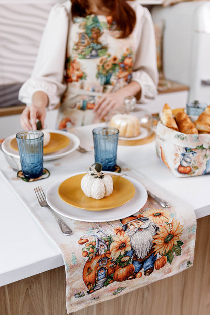 Autumn Gnomes Tapestry Table Runner | Thanksgiving Home Decor, Halloween Pumpkins Table Cover | Fall Harvest Table Decor