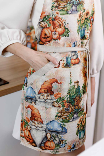 Autumn Gnomes Tapestry Kitchen Apron, Cup Coasters, Oven Mitten, Pot Holder Set | Thanksgiving Decor, Halloween Pumpkins Textile | Fall Harvest Table Decor