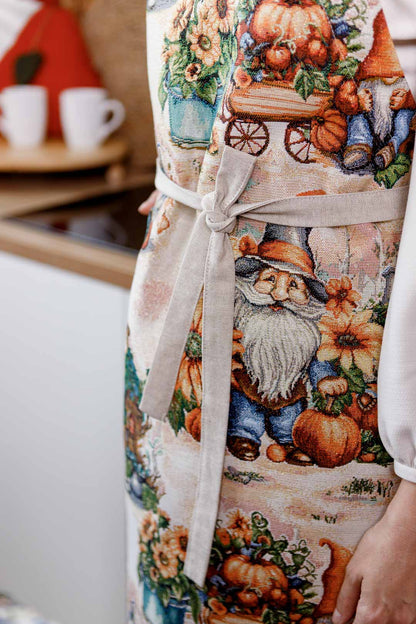 Autumn Gnomes Tapestry Kitchen Apron, Cup Coasters, Oven Mitten, Pot Holder Set | Thanksgiving Decor, Halloween Pumpkins Textile | Fall Harvest Table Decor