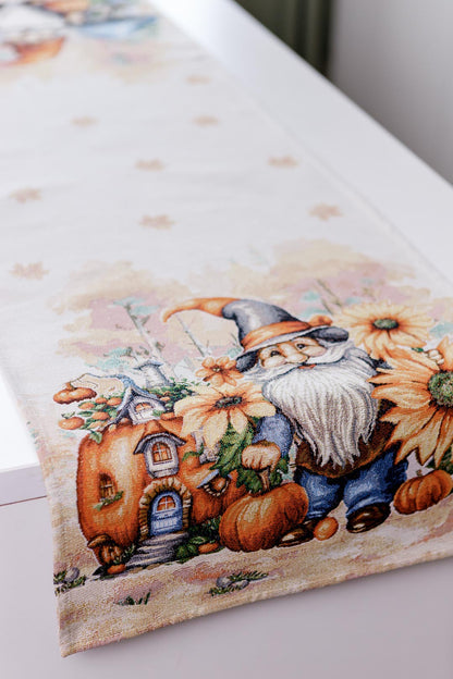 Autumn Gnomes Tapestry Table Runner | Thanksgiving Home Decor, Halloween Pumpkins Table Cover | Fall Harvest Table Decor