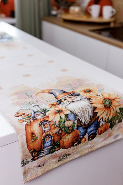 Autumn Gnomes Tapestry Table Runner | Thanksgiving Home Decor, Halloween Pumpkins Table Cover | Fall Harvest Table Decor