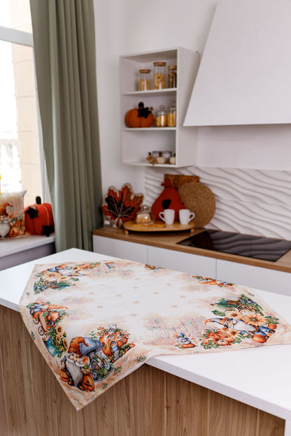 Autumn Gnomes Tapestry Tablecloth | Fall Harvest Table Decor, Halloween Pumpkins Table Cover | Thanksgiving Kitchen Decoration, Gnome Linen