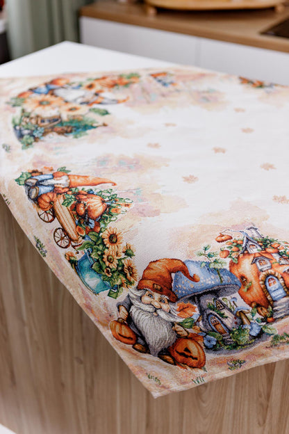 Autumn Gnomes Tapestry Tablecloth | Fall Harvest Table Decor, Halloween Pumpkins Table Cover | Thanksgiving Kitchen Decoration, Gnome Linen