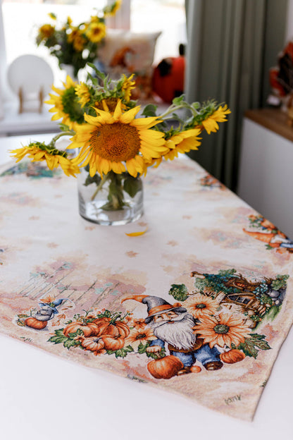 Autumn Gnomes Tapestry Tablecloth | Fall Harvest Table Decor, Halloween Pumpkins Table Cover | Thanksgiving Kitchen Decoration, Gnome Linen