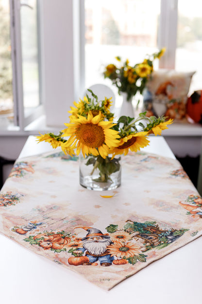 Autumn Gnomes Tapestry Tablecloth | Fall Harvest Table Decor, Halloween Pumpkins Table Cover | Thanksgiving Kitchen Decoration, Gnome Linen