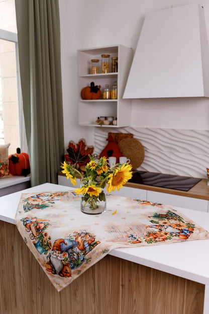 Autumn Gnomes Tapestry Tablecloth | Fall Harvest Table Decor, Halloween Pumpkins Table Cover | Thanksgiving Kitchen Decoration, Gnome Linen