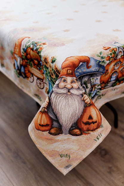 Autumn Gnomes Tapestry Tablecloth | Fall Harvest Table Decor, Halloween Pumpkins Table Cover | Thanksgiving Kitchen Decoration, Gnome Linen