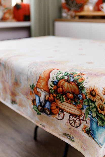Autumn Gnomes Tapestry Tablecloth | Fall Harvest Table Decor, Halloween Pumpkins Table Cover | Thanksgiving Kitchen Decoration, Gnome Linen