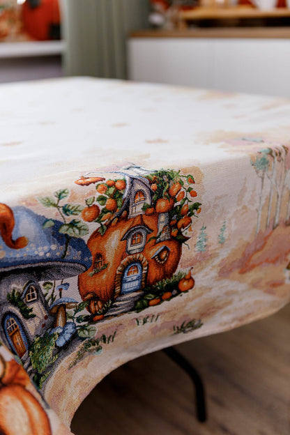 Autumn Gnomes Tapestry Tablecloth | Fall Harvest Table Decor, Halloween Pumpkins Table Cover | Thanksgiving Kitchen Decoration, Gnome Linen