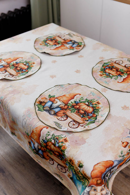 Autumn Gnomes Tapestry Tablecloth | Fall Harvest Table Decor, Halloween Pumpkins Table Cover | Thanksgiving Kitchen Decoration, Gnome Linen