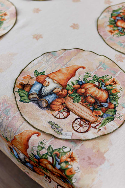 4 Round Autumn Gnomes Tapestry Placemats Set | Thanksgiving Kitchen Decor, Halloween Pumpkins Table Cover | Fall Harvest Table Decor