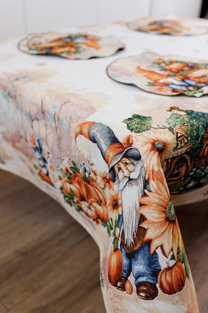 Autumn Gnomes Tapestry Tablecloth | Fall Harvest Table Decor, Halloween Pumpkins Table Cover | Thanksgiving Kitchen Decoration, Gnome Linen