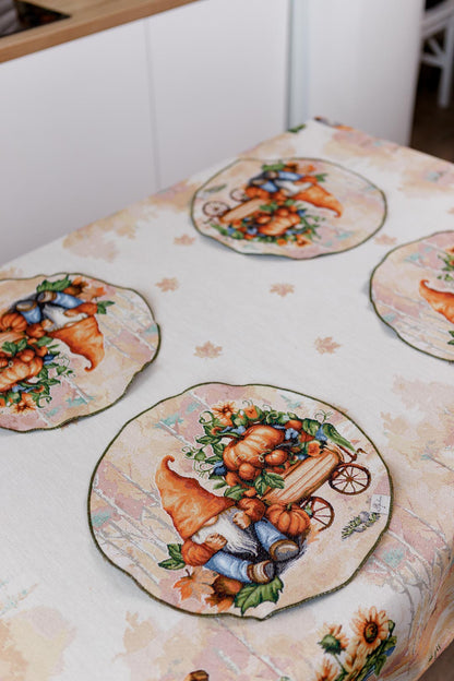 4 Round Autumn Gnomes Tapestry Placemats Set | Thanksgiving Kitchen Decor, Halloween Pumpkins Table Cover | Fall Harvest Table Decor