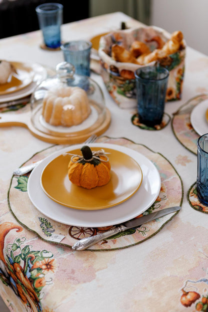 4 Round Autumn Gnomes Tapestry Placemats Set | Thanksgiving Kitchen Decor, Halloween Pumpkins Table Cover | Fall Harvest Table Decor