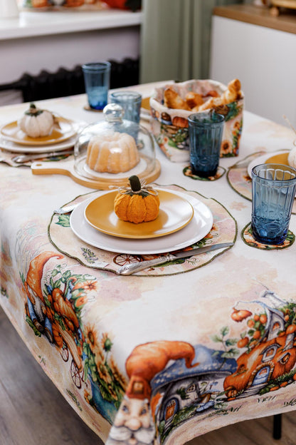 4 Round Autumn Gnomes Tapestry Placemats Set | Thanksgiving Kitchen Decor, Halloween Pumpkins Table Cover | Fall Harvest Table Decor