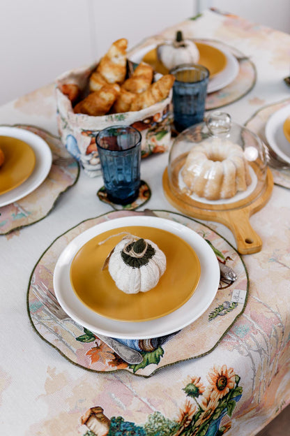 4 Round Autumn Gnomes Tapestry Placemats Set | Thanksgiving Kitchen Decor, Halloween Pumpkins Table Cover | Fall Harvest Table Decor