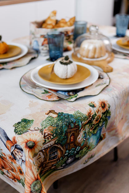4 Round Autumn Gnomes Tapestry Placemats Set | Thanksgiving Kitchen Decor, Halloween Pumpkins Table Cover | Fall Harvest Table Decor
