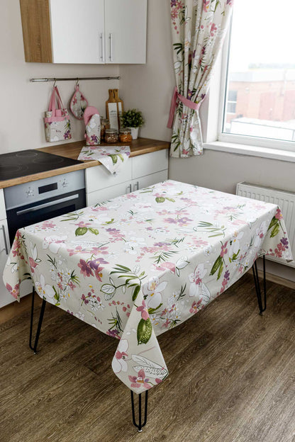 Cotton Orchid Pattern Tablecloth | Pink Floral Kitchen Textile Set, Housewarming Gift