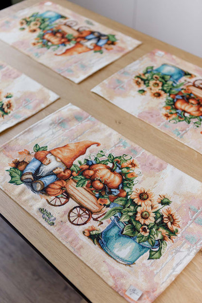 4 Autumn Gnomes Tapestry Placemats Set | Thanksgiving Kitchen Decor, Halloween Pumpkins Table Cover | Fall Harvest Table Decor