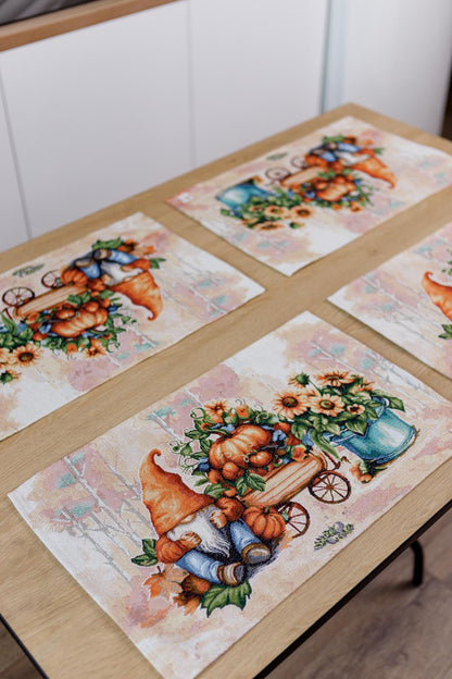 4 Autumn Gnomes Tapestry Placemats Set | Thanksgiving Kitchen Decor, Halloween Pumpkins Table Cover | Fall Harvest Table Decor