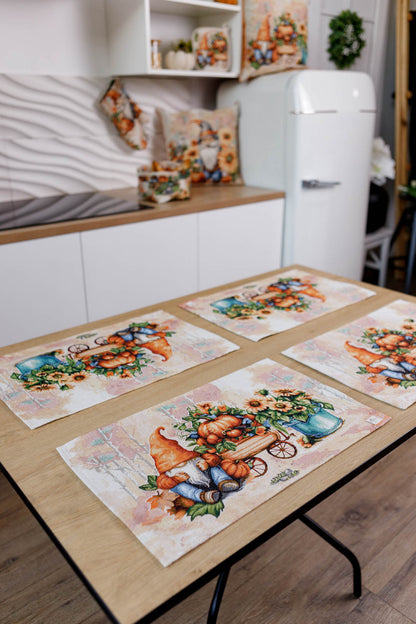 4 Autumn Gnomes Tapestry Placemats Set | Thanksgiving Kitchen Decor, Halloween Pumpkins Table Cover | Fall Harvest Table Decor