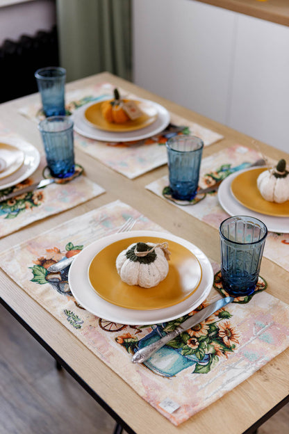 4 Autumn Gnomes Tapestry Placemats Set | Thanksgiving Kitchen Decor, Halloween Pumpkins Table Cover | Fall Harvest Table Decor