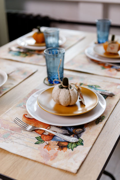4 Autumn Gnomes Tapestry Placemats Set | Thanksgiving Kitchen Decor, Halloween Pumpkins Table Cover | Fall Harvest Table Decor