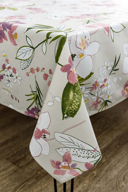 Cotton Orchid Pattern Tablecloth | Pink Floral Kitchen Textile Set, Housewarming Gift