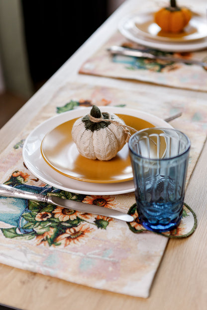 4 Autumn Gnomes Tapestry Placemats Set | Thanksgiving Kitchen Decor, Halloween Pumpkins Table Cover | Fall Harvest Table Decor