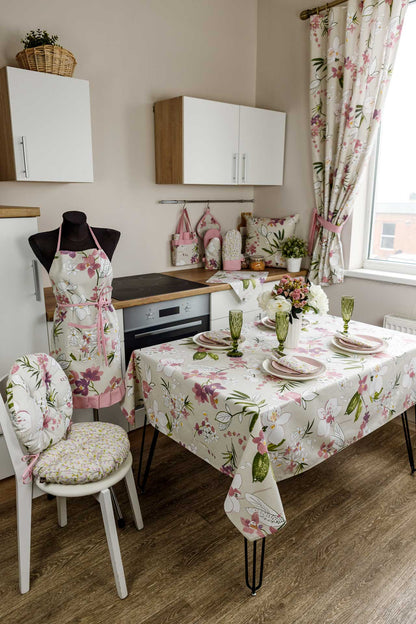 Cotton Orchid Pattern Tablecloth | Pink Floral Kitchen Textile Set, Housewarming Gift
