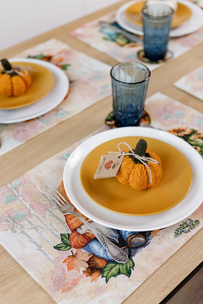 4 Autumn Gnomes Tapestry Placemats Set | Thanksgiving Kitchen Decor, Halloween Pumpkins Table Cover | Fall Harvest Table Decor