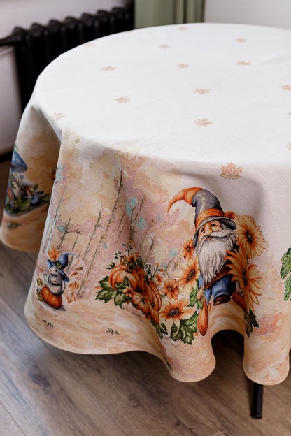 Round Autumn Gnomes Tapestry Tablecloth | Fall Harvest Table Decor, Halloween Pumpkins Table Cover | Thanksgiving Kitchen Decoration