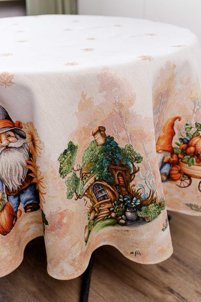 Round Autumn Gnomes Tapestry Tablecloth | Fall Harvest Table Decor, Halloween Pumpkins Table Cover | Thanksgiving Kitchen Decoration