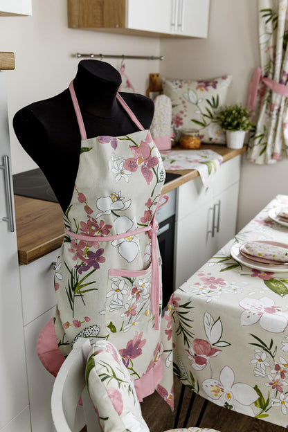 Cotton Orchid Pattern Tablecloth | Pink Floral Kitchen Textile Set, Housewarming Gift