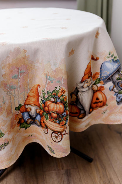 Round Autumn Gnomes Tapestry Tablecloth | Fall Harvest Table Decor, Halloween Pumpkins Table Cover | Thanksgiving Kitchen Decoration