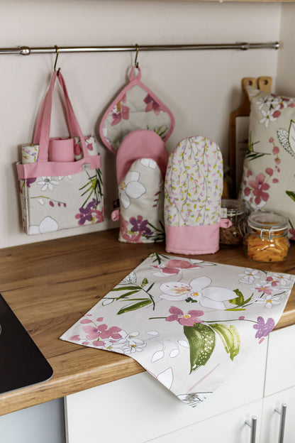 Cotton Orchid Pattern Tablecloth | Pink Floral Kitchen Textile Set, Housewarming Gift