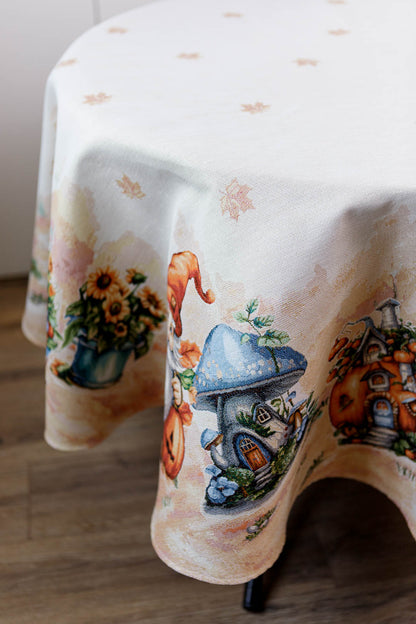 Round Autumn Gnomes Tapestry Tablecloth | Fall Harvest Table Decor, Halloween Pumpkins Table Cover | Thanksgiving Kitchen Decoration